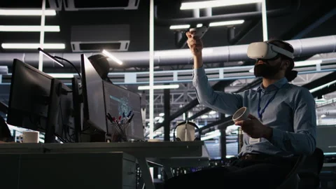 Data center developer using virtual reality technology for AI LLM visualization Stock Footage 309786346