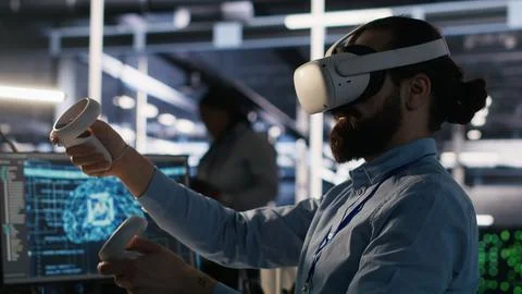 Data center developer using virtual reality technology for AI LLM visualization Foto stock