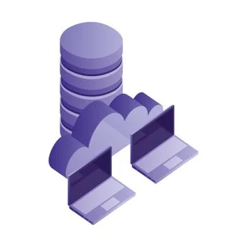 Data center disks with laptops computers and cloud computing Stock Illustration
