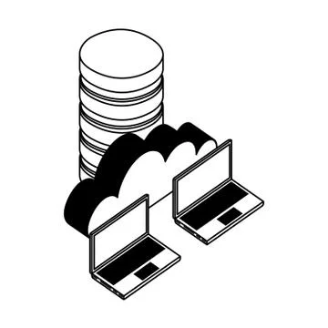 Data center disks with laptops computers and cloud computing Stock Illustration