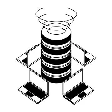Data center disks with laptops computers isometric icon Stock Illustration