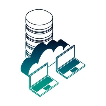 Data center disks with laptops computers and cloud computing Stock Illustration