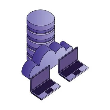 Data center disks with laptops computers and cloud computing Ilustração Stock