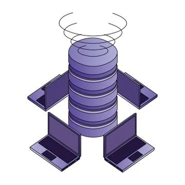 Data center disks with laptops computers isometric icon Stock Illustration
