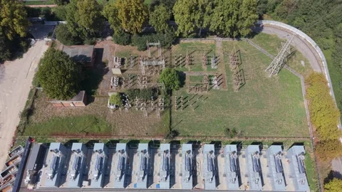 Data Center Electrical Substation and Backup Diesel Generators Aerial View Stock Footage 346105967