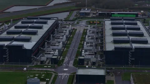Data Center Emergency Backup Generators Aerial Close Up Stock Footage 325196333