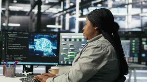Data center employee deploying AI solutions optimizing equipment Video stock 308041852