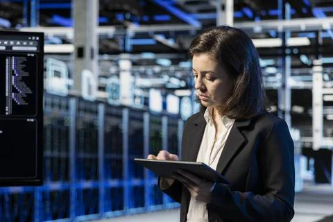 Data center employee using tablet to do checkup on electronics Stock Photos