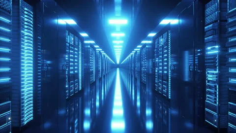Data center with endless servers. Network and information servers behind glass Stock Footage 150970384