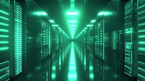 Data center with endless servers. Network and information servers behind glas 库存插图
