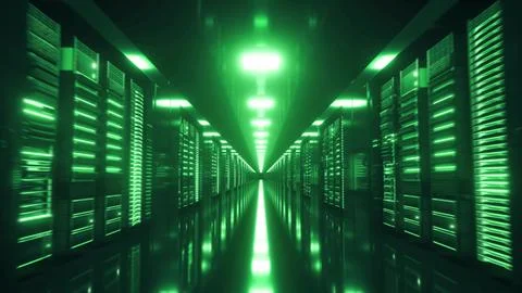 Data center with endless servers. Network and information servers behind gl.. Illustrazione stock