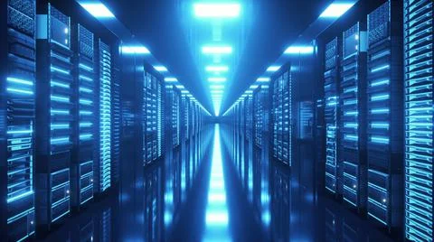 Data center with endless servers. Network and information servers behind glas Stock Photos