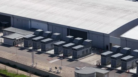 Data center, energy backup systems. Close up aerial views. Stock Footage 320070095