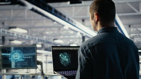 Data center engineer adjusts system settings to improve AI rigs processing speed Stock Footage 314685429