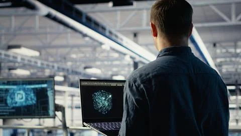 Data center engineer adjusts system settings to improve AI rigs processing speed Stock Photos