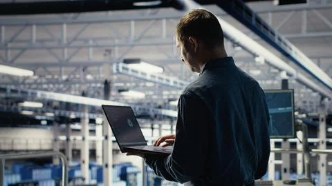 Data center engineer adjusts system settings to improve AI rigs processing speed Stock Photos