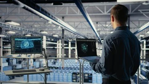 Data center engineer adjusts system settings to improve AI rigs processing speed Stock Photos