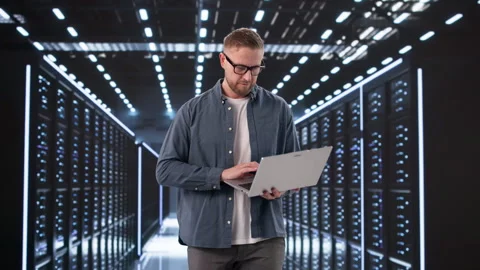 Data Center Engineer Carefully Monitors AI System Stock Footage 331516874