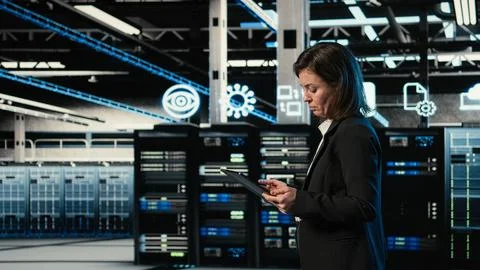 Data center engineer configuring rigs using augmented reality control panel Stock Photos