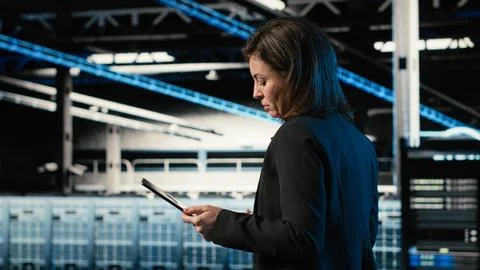 Data center engineer configuring rigs using augmented reality control panel 스톡 사진
