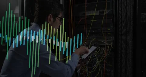 Data center engineer crouching tapping tablet reseating cables as overlay Stock Footage 330584329