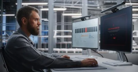 Data Center Engineer Detecting and Countering DDoS Attack During Live Fotos Stock
