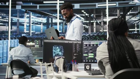 Data center engineer does node tree programming to optimize resource allocation Stock Footage 309109996