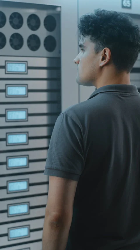 Data Center Engineer Interacting With Server Rack Controls During Stock Footage 344954507