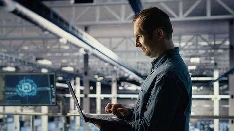 Data center engineer monitors machine learning process with laptop Stock Photos