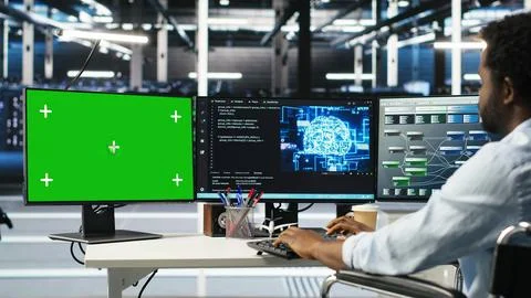 Data center engineer with paraplegia using AI algorithms on green screen PC Foto stock