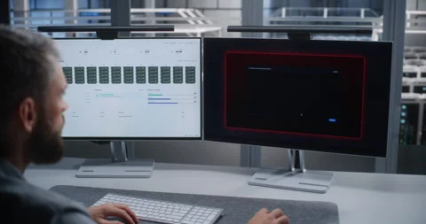 Data Center Engineer Responding to DDoS Attack and Monitoring Network Security Stockbeeldmateriaal 344966265