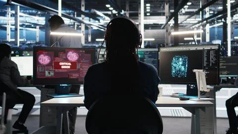 Data center engineer sees critical error message while using node tree software Foto stock