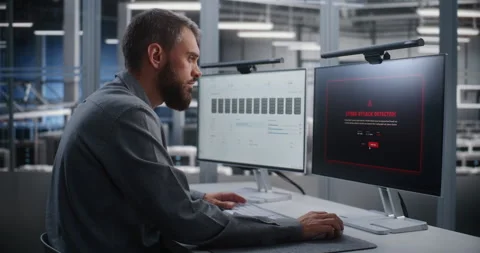 Data Center Engineer Taking Immediate Action During Detected Cyber Attack Stock Footage 344965710