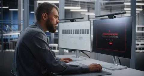 Data Center Engineer Taking Immediate Action During Detected Cyber Attack Stock Photos