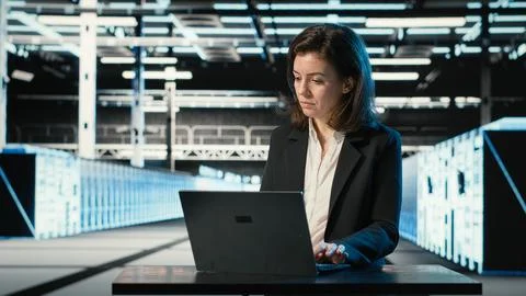 Data center engineer typing on laptop keyboard to troubleshoot issues Stock Photos