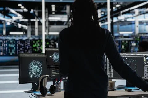 Data center engineer uses AI visualization tool on laptop to oversee tasks 스톡 사진