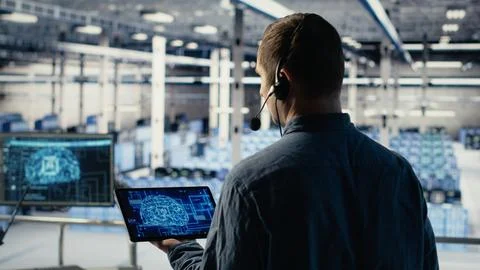 Data center engineer using AI on tablet to help clients resolve hosting problems Stock Photos