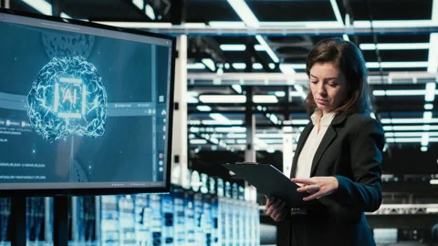 Data center engineer using artificial intelligence tech to monitor system Stock Footage 329325785