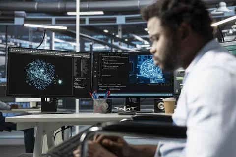 Data center engineer using artificial intelligence visualization tools Stock Photos