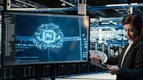 Data center engineer using artificial intelligence tech to monitor system Stock Photos
