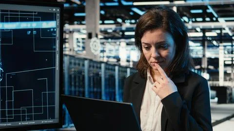 Data center engineer using artificial intelligence tech to optimize server load Foto stock