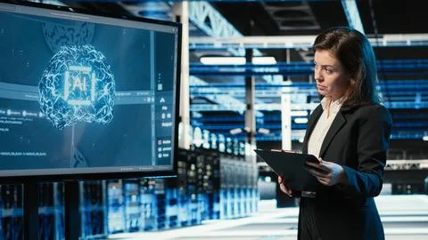 Data center engineer using artificial intelligence tech to monitor system Stock Photos