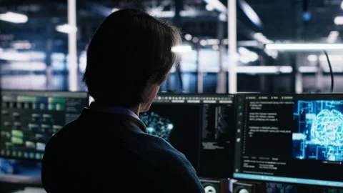 Data center engineer using computer to monitor neural network AI LLM Video stock 313635368