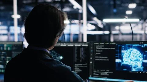 Data center engineer using computer to monitor neural network AI LLM 스톡 사진