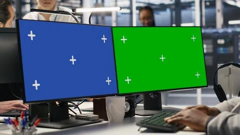 Data center engineer using green screen PC to monitor neural network AI Stock-Fotos