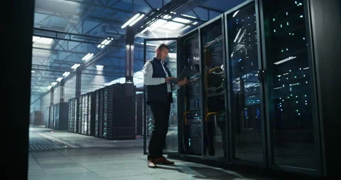 Data Center Engineer Using Laptop Computer Stock Footage 320000110