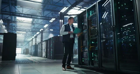 Data Center Engineer Using Laptop Computer Stock Footage 320000151