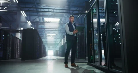 Data Center Engineer Using Laptop Computer Video stock 320001174
