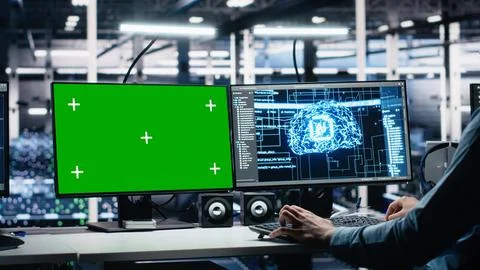 Data center engineer using machine learning algorithms on green screen PC 스톡 사진