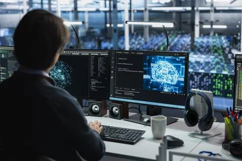 Data center engineer using PC, adjusting AI model parameters Stock Photos
